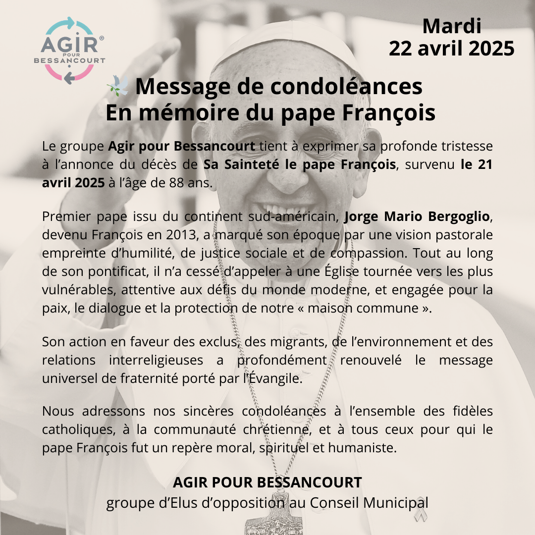 🕊️ Message de condoléances – En mémoire du pape François